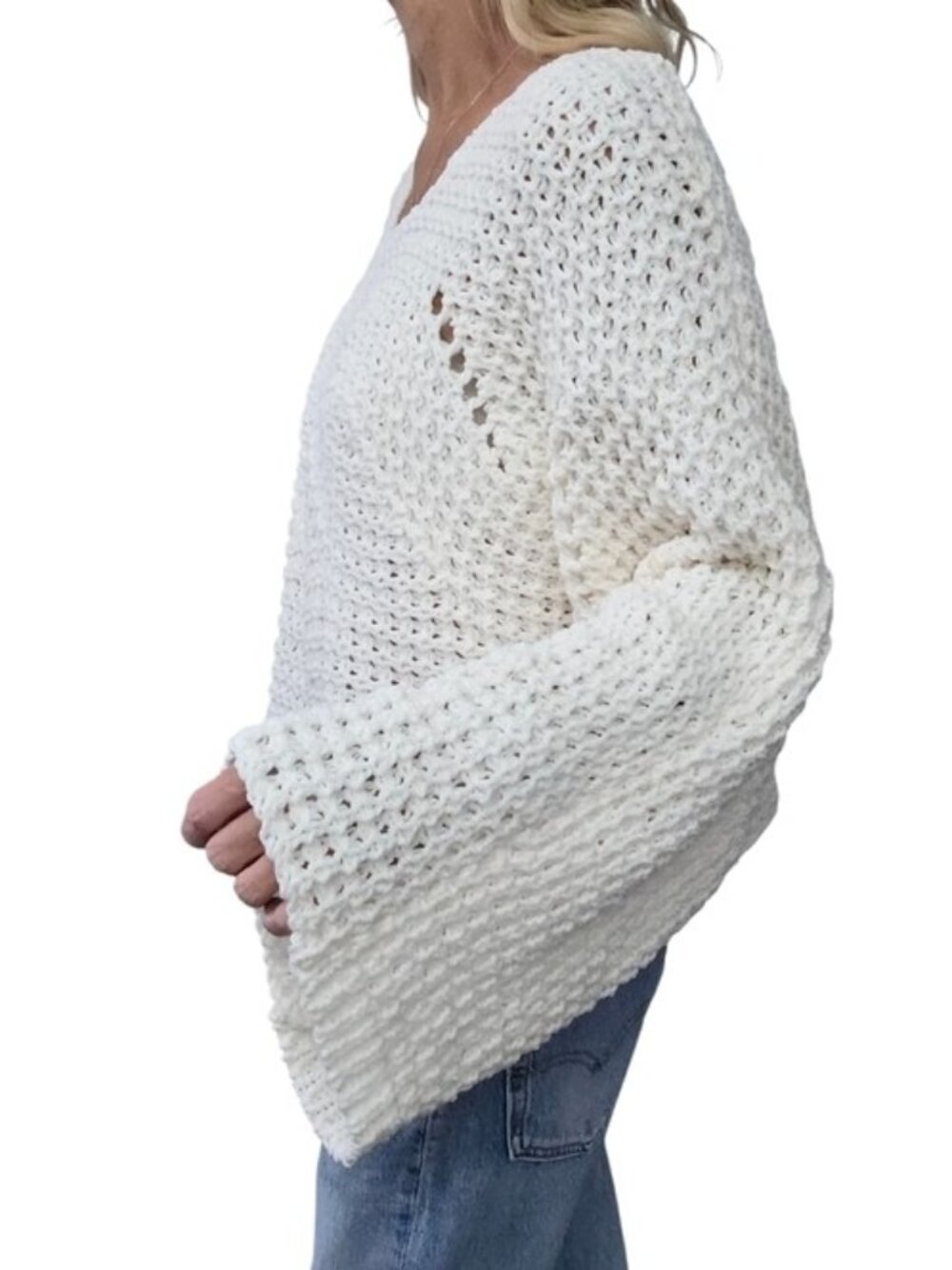 POL Crochet Sweater Cream Open Knit Cropped Bell Sleeve Boho Coastal M - Picture 3 of 9